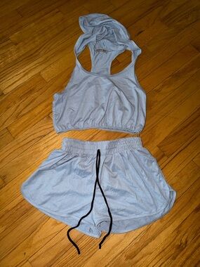Fashion Nova suede Light Blue Hoodie Crop Top and Shorts Set